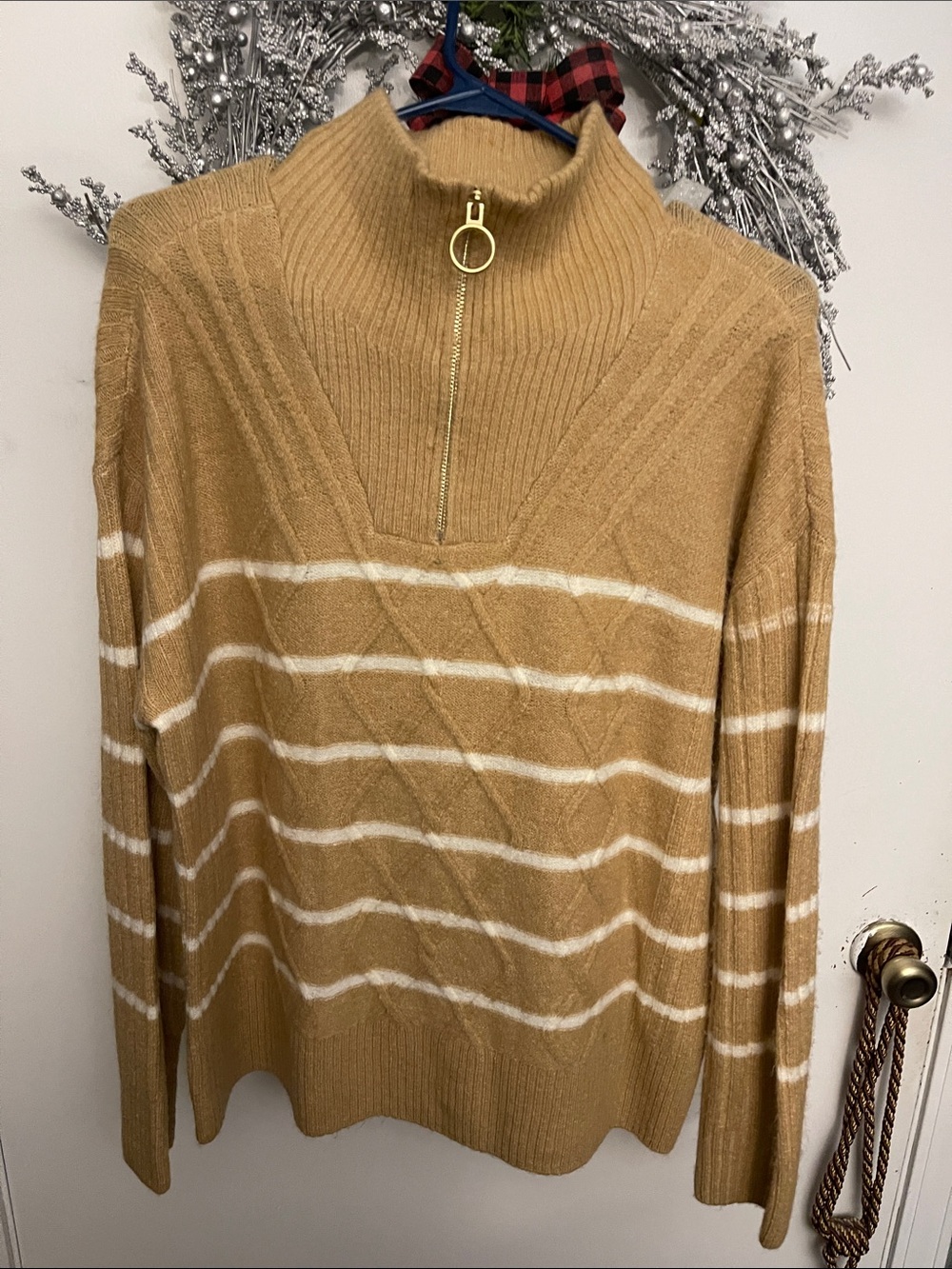 Talbots Camel and White Striped Zip-Neck Sweater